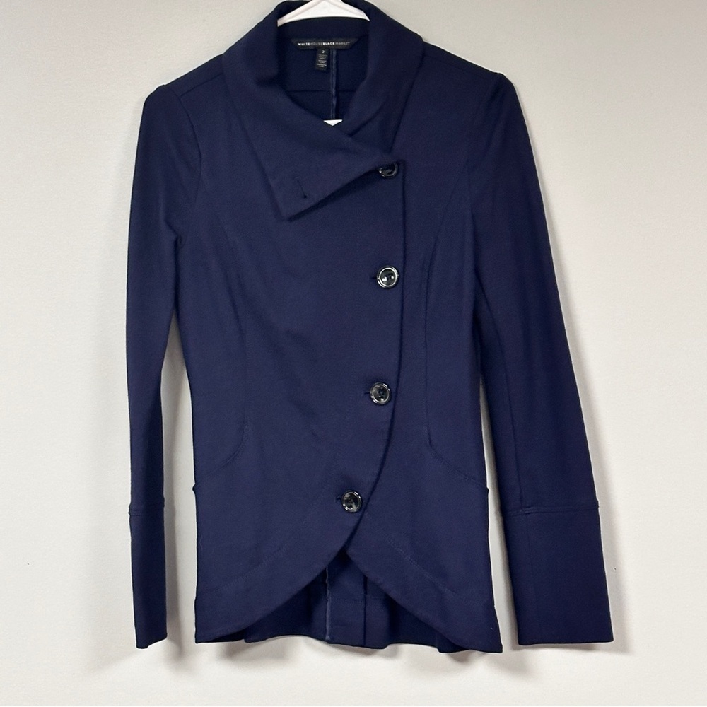 White House Black Market Navy Blue Stretchy Asymmetrical jacket, Size 2